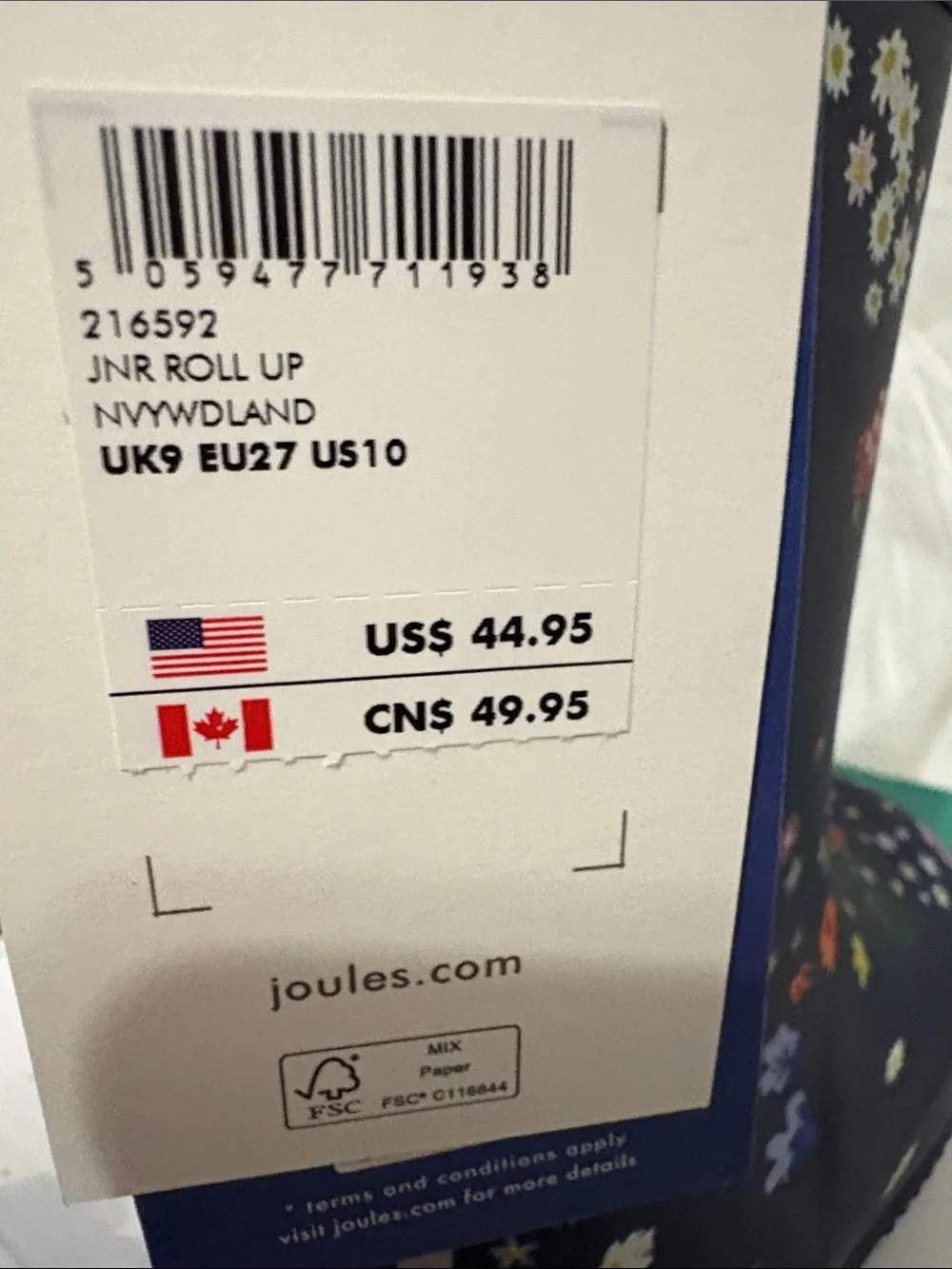 Joules Kids' Navy Rain Boots size US 10 NWT